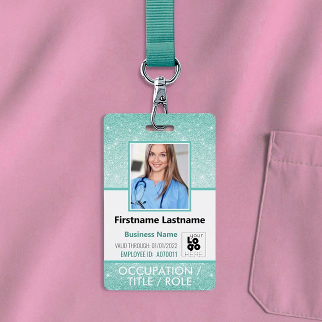 Staff Photo ID Barcode Logo Aqua Blue Glitter Name ID Badge (Creator Uploaded)