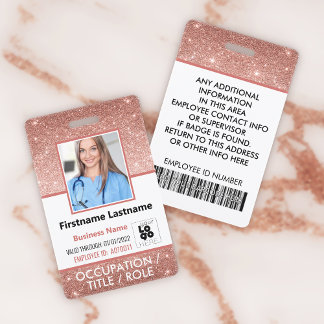Staff Photo ID Barcode Logo Rose Gold Glitter Name ID Badge