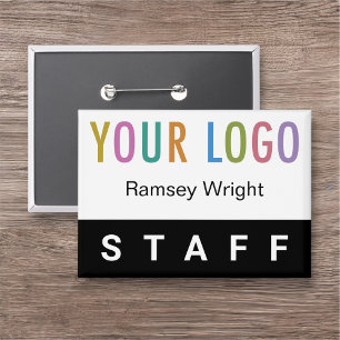 Staff Pin Back Name Badge Button with Logo Black