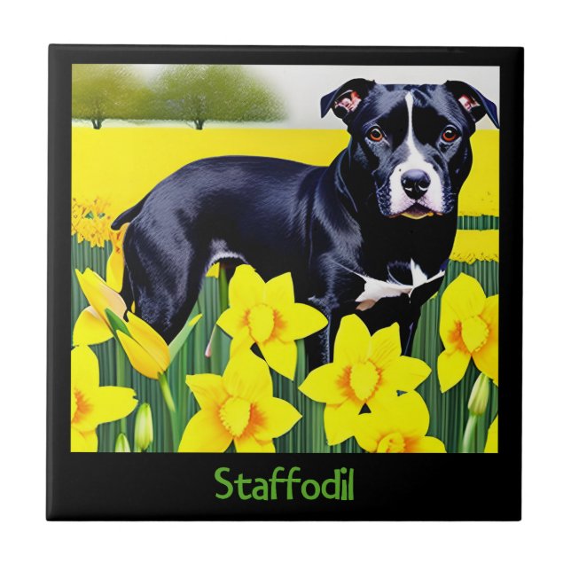 Staffodil - Staffy in the Daffodils Ceramic Tile (Front)