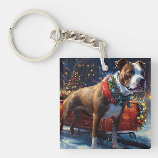 Staffordshire Bull Terrier Christmas Festive Key Ring (Front)