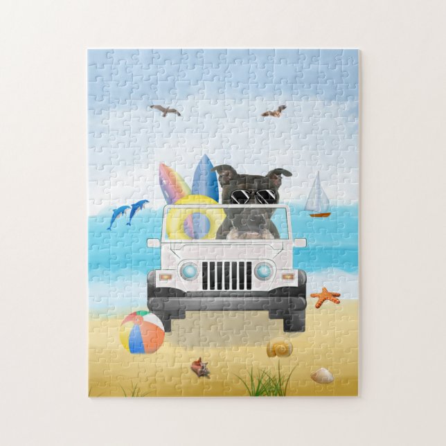 staffordshire bull terrier Dog Driving on Beach  Jigsaw Puzzle (Vertical)