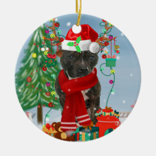 Staffordshire Bull Terrier Dog in Snow Christmas Ceramic Ornament