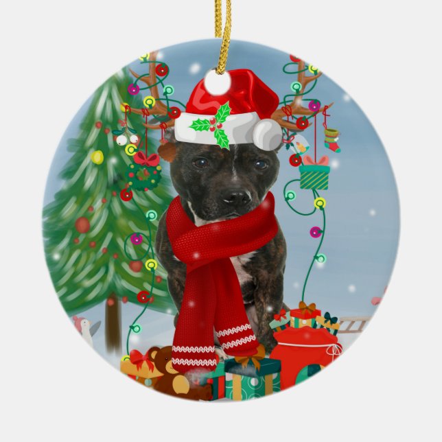 Staffordshire Bull Terrier Dog in Snow Christmas Ceramic Ornament (Front)