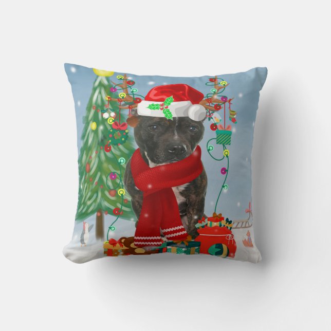 Staffordshire Bull Terrier Dog in Snow Christmas Cushion (Front)