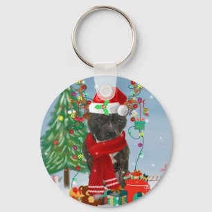 Staffordshire Bull Terrier Dog in Snow Christmas Key Ring