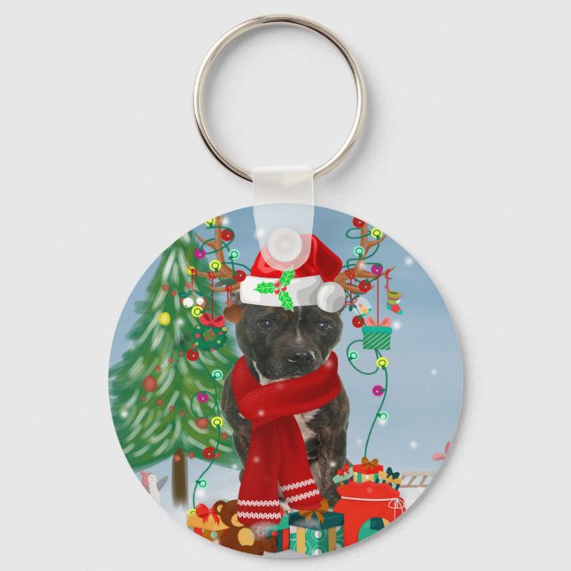 Staffordshire Bull Terrier Dog in Snow Christmas Key Ring (Front)