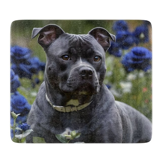Staffordshire Bull Terrier In Blue Rose Garden,  Cutting Board (Front)