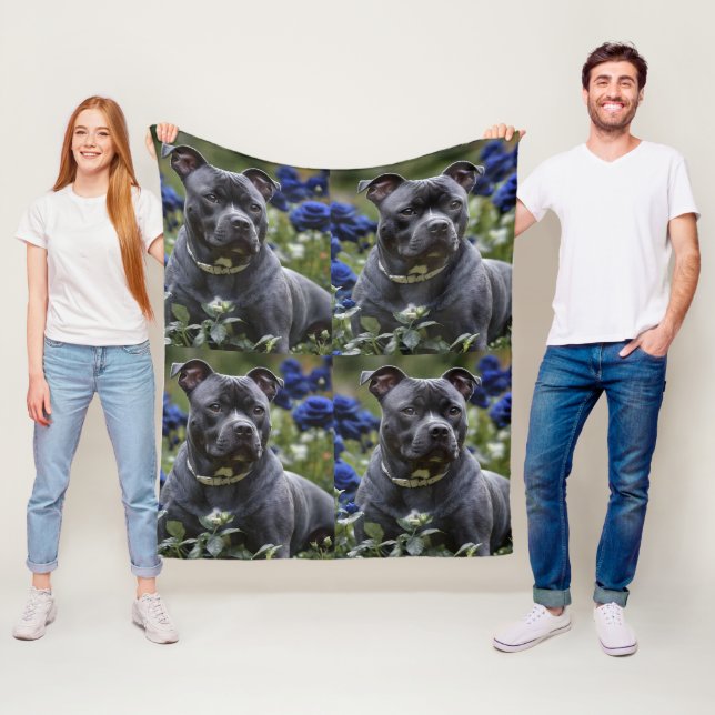 Staffordshire Bull Terrier In Blue Rose Garden,  Fleece Blanket (In Situ)