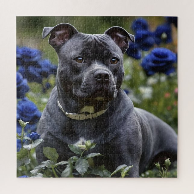 Staffordshire Bull Terrier In Blue Rose Garden, Jigsaw Puzzle (Vertical)