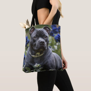 Staffordshire Bull Terrier In Blue Rose Garden, Tote Bag