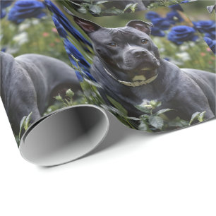 Staffordshire Bull Terrier In Blue Rose Garden,  Wrapping Paper