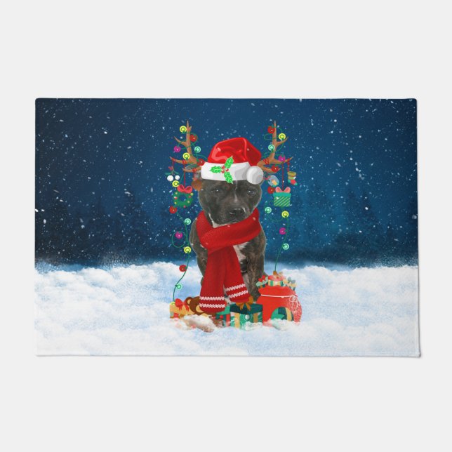 Staffordshire Bull Terrier in Snow with Christmas Doormat (Front)
