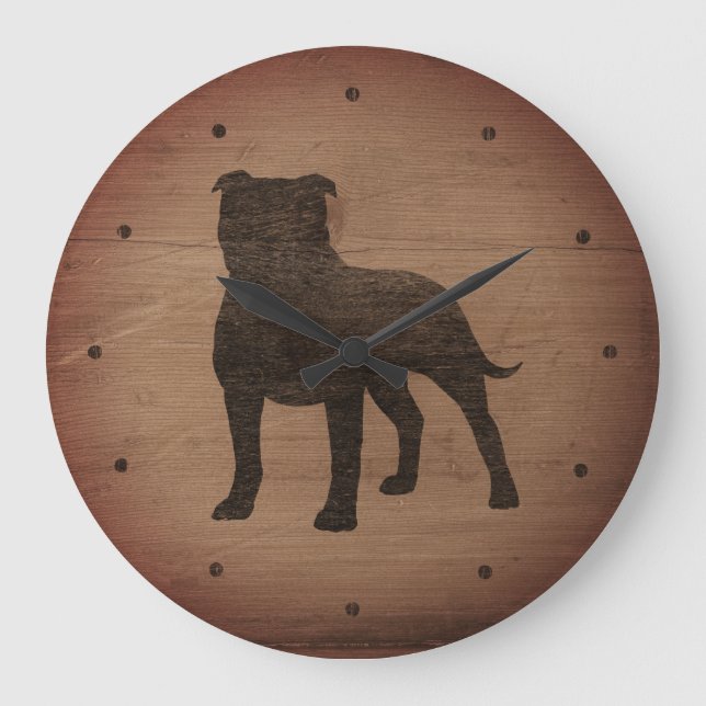 Staffordshire Bull Terrier Silhouette Rustic Style Large Clock (Front)