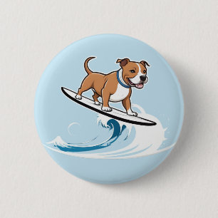 Staffordshire Bull Terrier Surfing The Waves, 6 Cm Round Badge