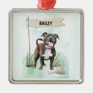 Staffordshire Bull Terrier Watercolor Personalized Metal Ornament