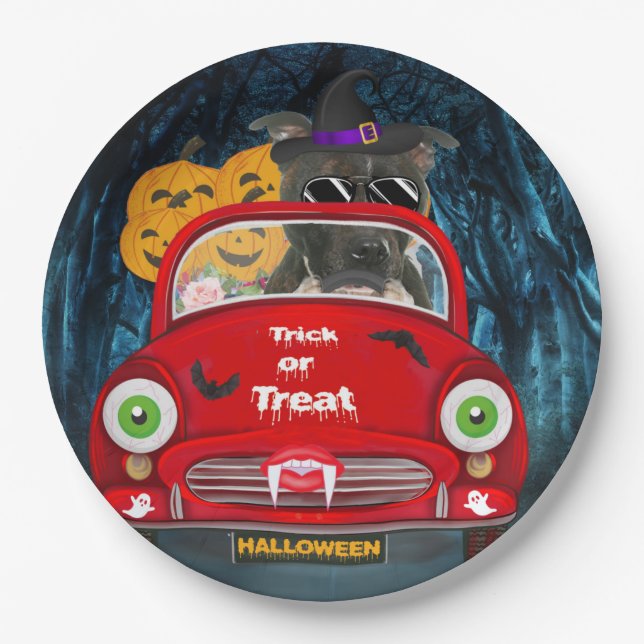 Staffordshire Dog Driving Car Scary Halloween Paper Plate (Front)