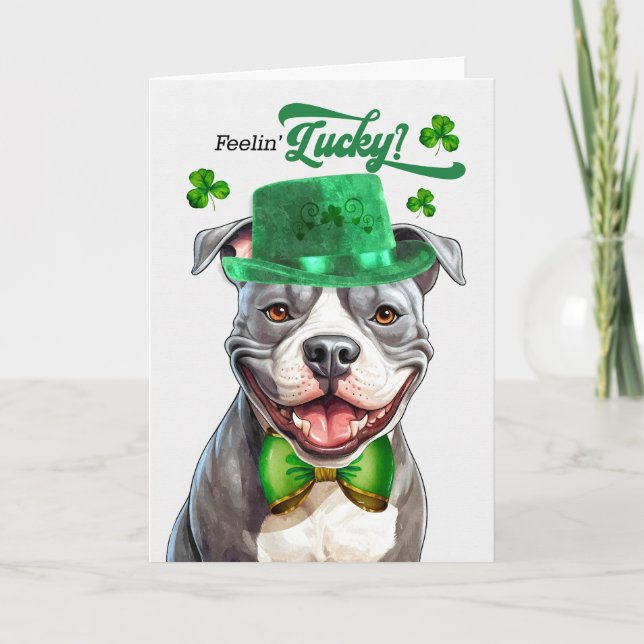 Staffordshire Dog Feelin' Lucky St Patrick's Day Holiday Card (Front)