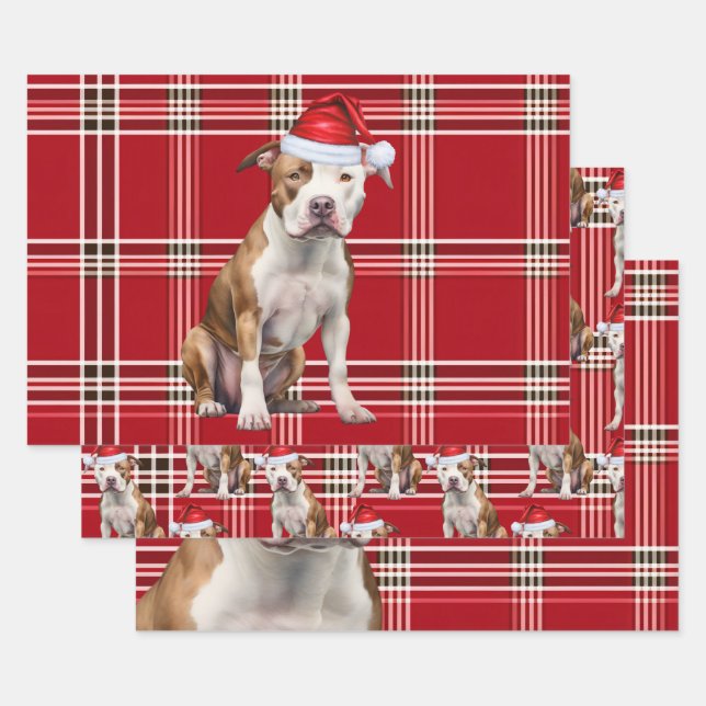 Staffordshire Terrier Christmas Dog Red Plaid Wrapping Paper Sheet (Set)
