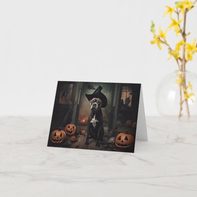 Staffordshire Terrier Pumpkins Halloween Scary  Card (Yellow Flower)