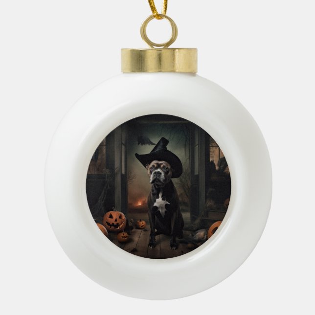 Staffordshire Terrier Pumpkins Halloween Scary  Ceramic Ball Christmas Ornament (Front)
