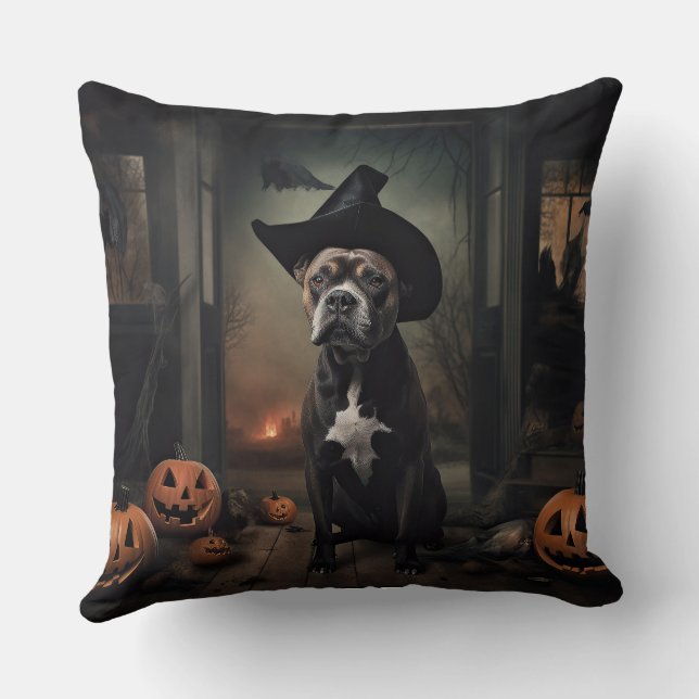 Staffordshire Terrier Pumpkins Halloween Scary  Cushion (Back)