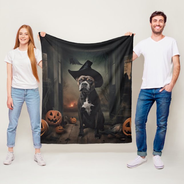 Staffordshire Terrier Pumpkins Halloween Scary  Fleece Blanket (In Situ)