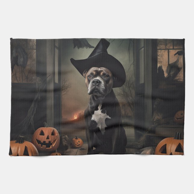 Staffordshire Terrier Pumpkins Halloween Scary  Tea Towel (Horizontal)