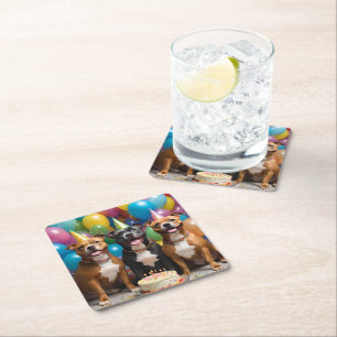 Staffy Celebration: A Birthday Party with Cake  Square Paper Coaster