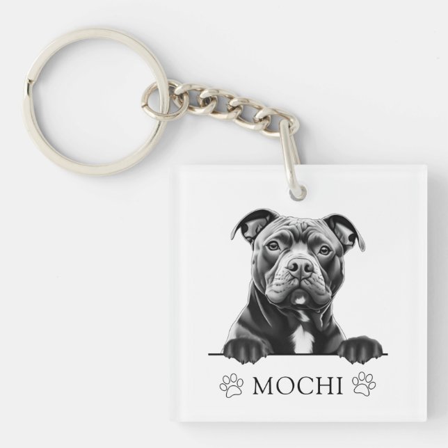 Staffy Dog Hand Drawing Personalised Key Ring (Front)
