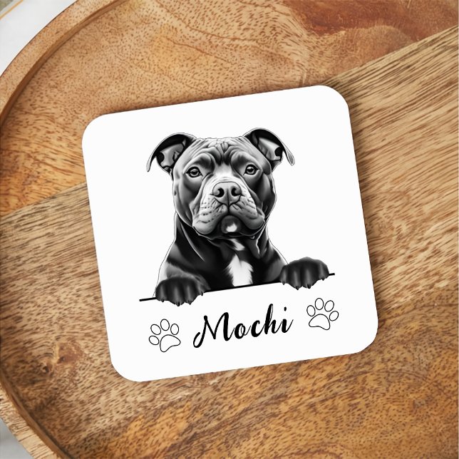 Staffy Dog Hand Drawing Personalised Square Paper Coaster (Creator Uploaded)