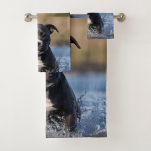 Staffy Puppy Splashing In The Sea, Bath Towel Set