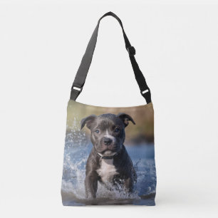 Staffy Puppy Splashing In The Sea, Crossbody Bag
