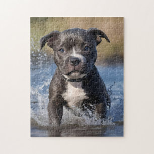 Staffy Puppy Splashing In The Sea, Jigsaw Puzzle