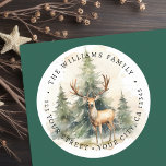 Stag and Christmas trees watercolor return address Classic Round Sticker<br><div class="desc">Return address rubber label featuring a beautiful watercolor painting of a stag standing in front of Christmas trees,  and your name and address.</div>