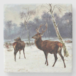 Stag and Doe in a Snowy Landscape Stone Coaster
