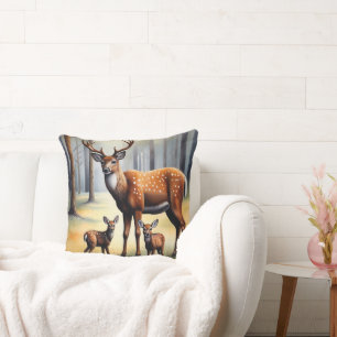 Stag And Fawns In Forest Wild Animals Cushion