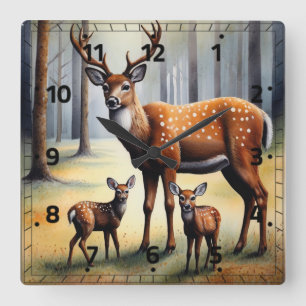 Stag And Fawns In Forest Wild Animals Square Wall Clock
