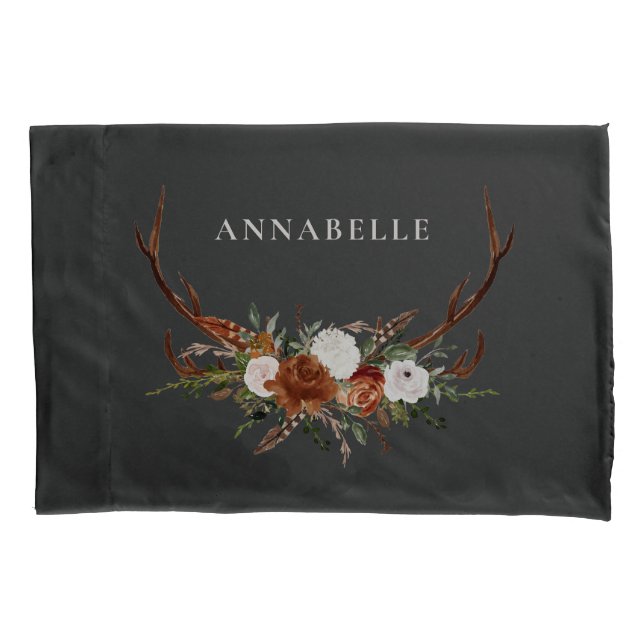 Stag antler terracotta sage green botanical floral pillowcase (Front)