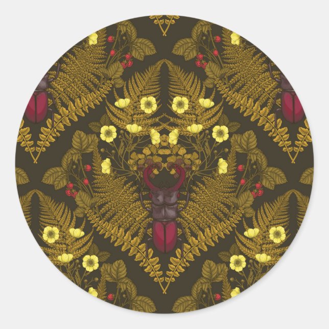 Stag beetle and ferns classic round sticker (Front)