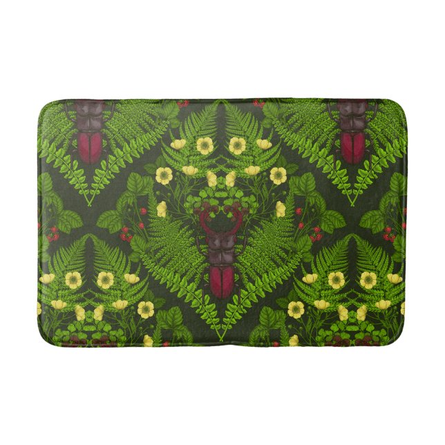 Stag beetle and ferns, green leaves bath mat (Front)