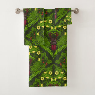 Stag beetle and ferns, green leaves bath towel set