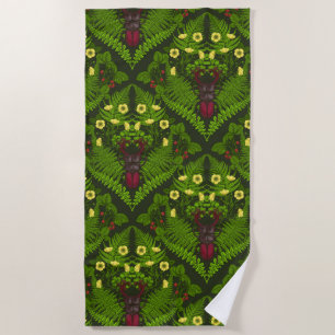 Stag beetle and ferns, green leaves beach towel