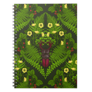 Stag beetle and ferns, green leaves notebook