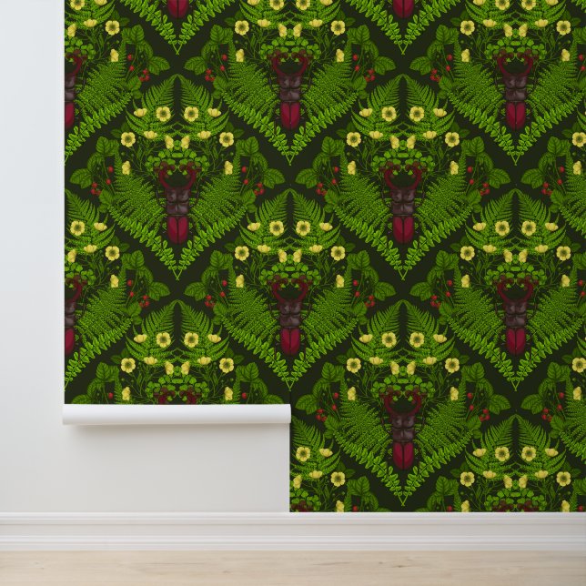 Stag beetle and ferns, green leaves wallpaper (Application)