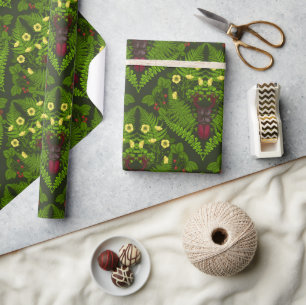 Stag beetle and ferns, green leaves wrapping paper