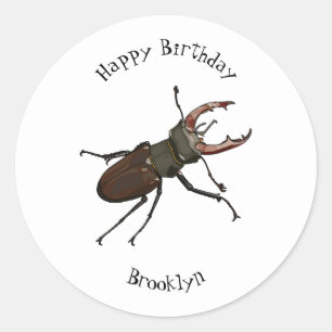 Stag beetle cartoon illustration classic round sticker