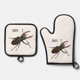 Stag beetle cartoon illustration oven mitt & pot holder set