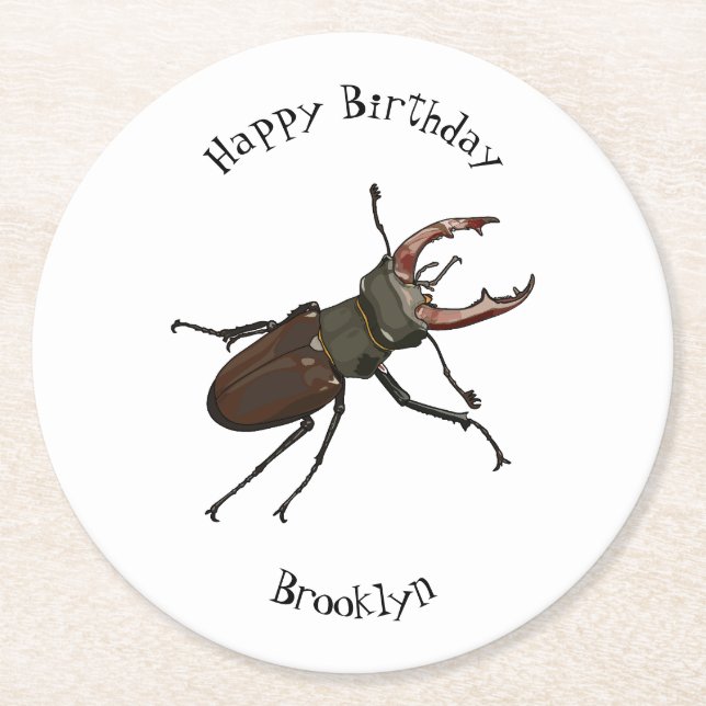 Stag beetle cartoon illustration round paper coaster (Front)