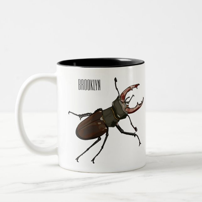 Stag beetle cartoon illustration Two-Tone coffee mug (Left)